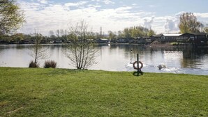 Um lago calmo com uma faixa de gramado à frente, um flutuador e uma fileira de casas ao fundo.