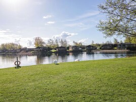 Vista para um lago com casas, um gramado e um cisne.
