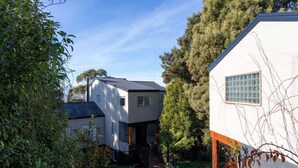 A modern house with a visible staircase leading to the entrance, surrounded by greenery. - Mountain view house (Trevallyn)