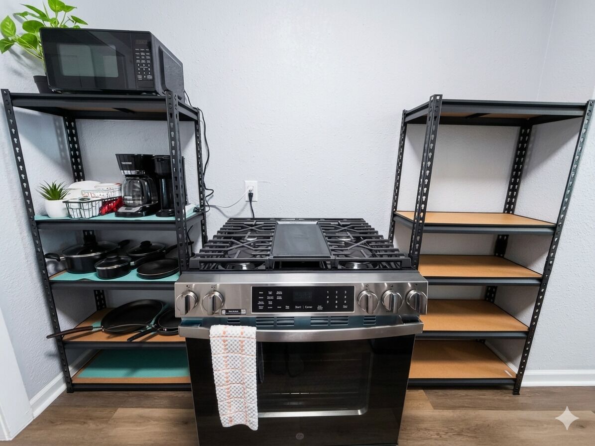 Een koelkast, een magnetron, een oven, een kookplaat