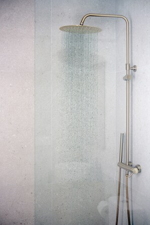 Regadera, secadora de cabello, toallas, papel de baño 