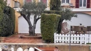Un molo di legno che si protende in acque calme, circondato da un recinto di legno bianco, con un edificio con persiane rosse sullo sfondo.