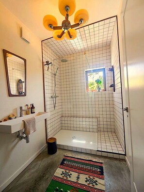 Shower, hair dryer, towels