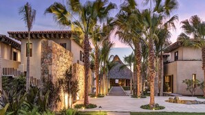 Een resort met een centrale pad, palmbomen en een gebouw met rieten dak.