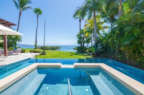 A swimming pool with a view of the ocean, surrounded by palm trees and a grassy area. - Villa Diamante in Punta Mita (Punta de Mita)