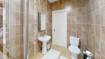 Hair dryer, towels, soap, toilet paper