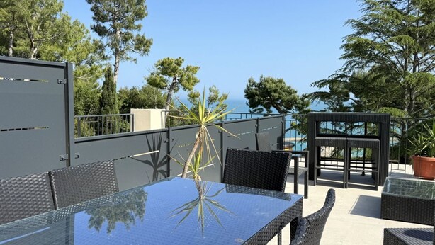 A glass-top table with wicker chairs, a potted plant, and a view of the sea. - N315 – Numana, new, fully equipped two-room apartment (Numana)