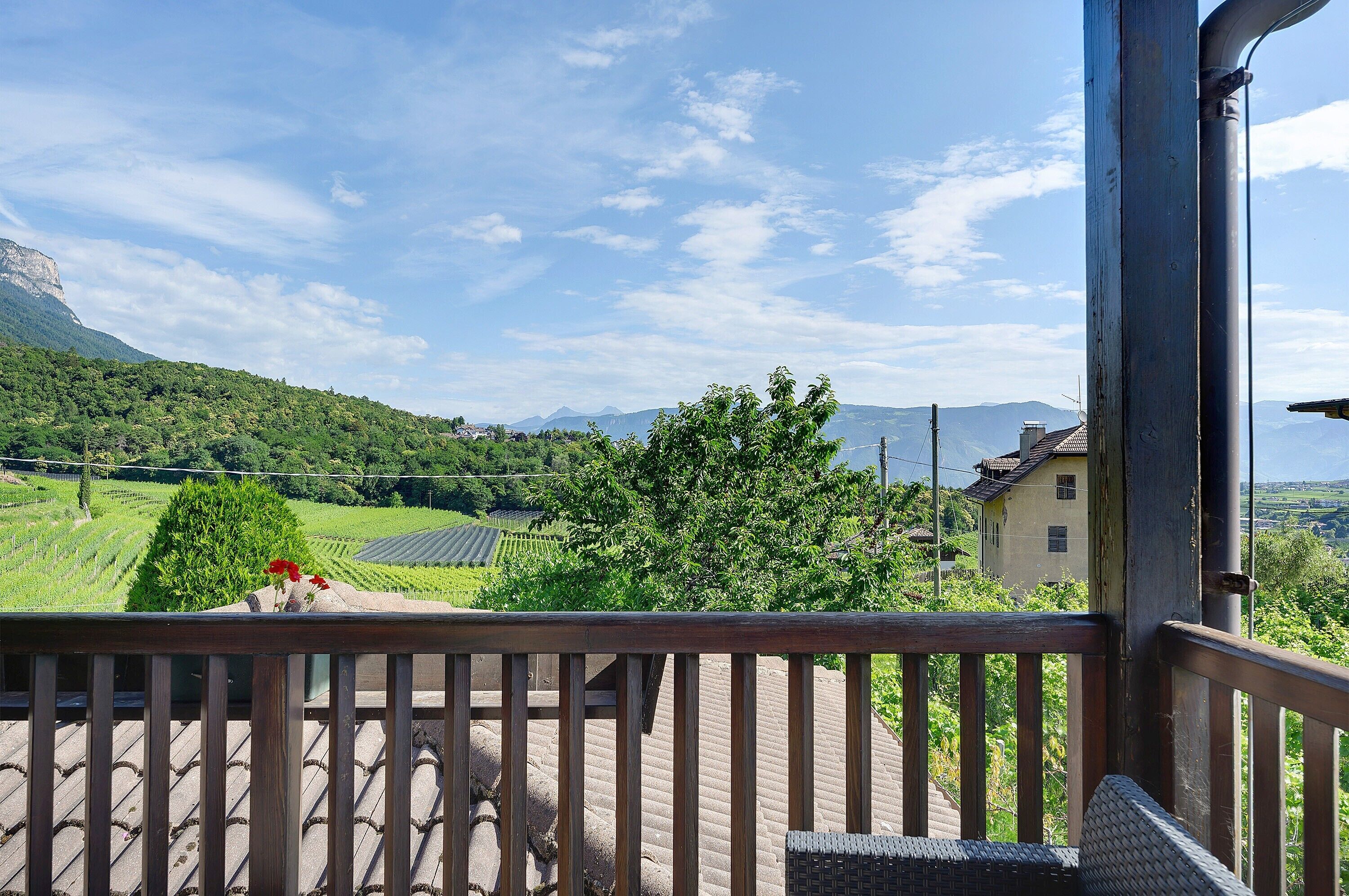 A balcony with a view of a vineyard, a mountain, and a house in the background.