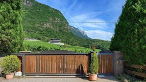 A gated property with a paved driveway, a wooden fence, and a mountain backdrop.