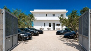 Ein modernes Gebäude mit weißer Fassade, einem Schotterweg und einer Reihe geparkter Luxusautos.