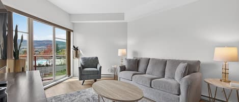 Deluxe Apartment, 1 Bedroom, Pool Access, Partial Lake View | Living area | 55-inch Smart TV with cable channels, streaming services