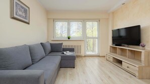 A modern living room with a grey sofa, a television on a wooden stand, and a window with blinds. - Cozy Apartment with Balcony | Workspace (Warszawa)