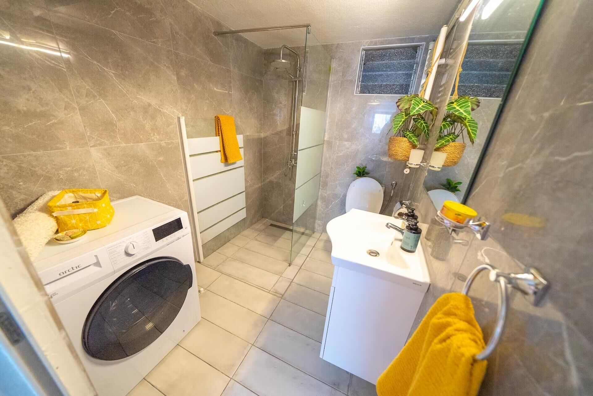 Shower, hair dryer, towels