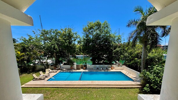 Piscina retangular com um deck ao redor, rodeada por vegetação exuberante e um céu azul límpido.