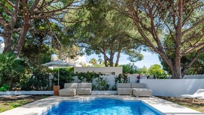 A swimming pool with a white deck, surrounded by trees and a white wall.