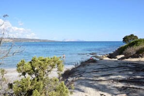 A beach with clear water, trees, and a distant mountain. - San Lorenzo House With Garden In Budoni (San Lorenzo)