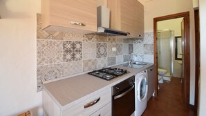 Eine Küche mit Gasherd, Backofen, Waschmaschine und einer Fliesenküchenzeile.