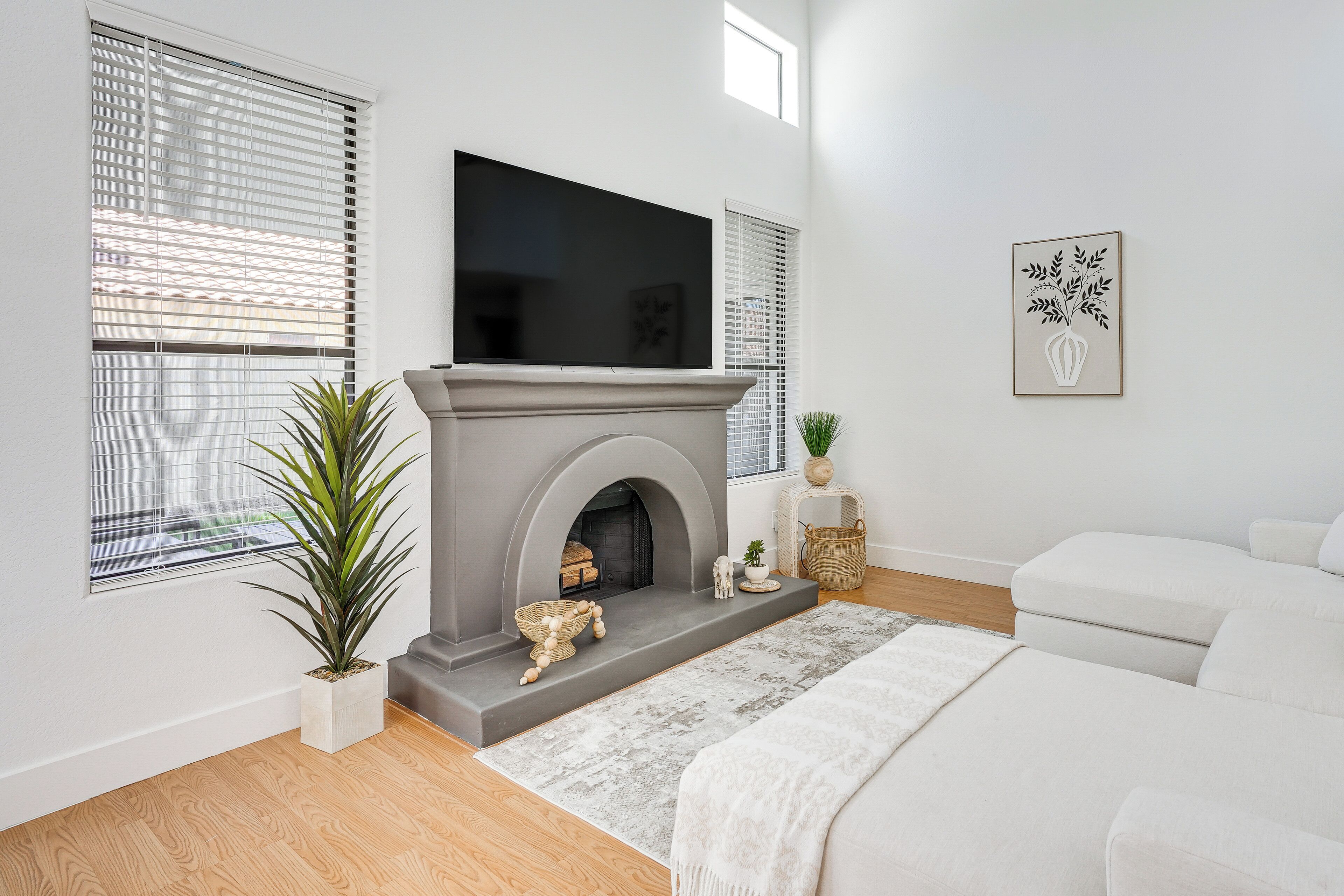 A modern living room with a fireplace, a flat-screen TV, a sofa, and a potted plant.