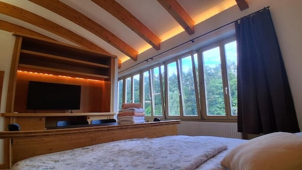 A bedroom with a large bed, a television on a wooden shelf, a window with curtains, and a view of trees.