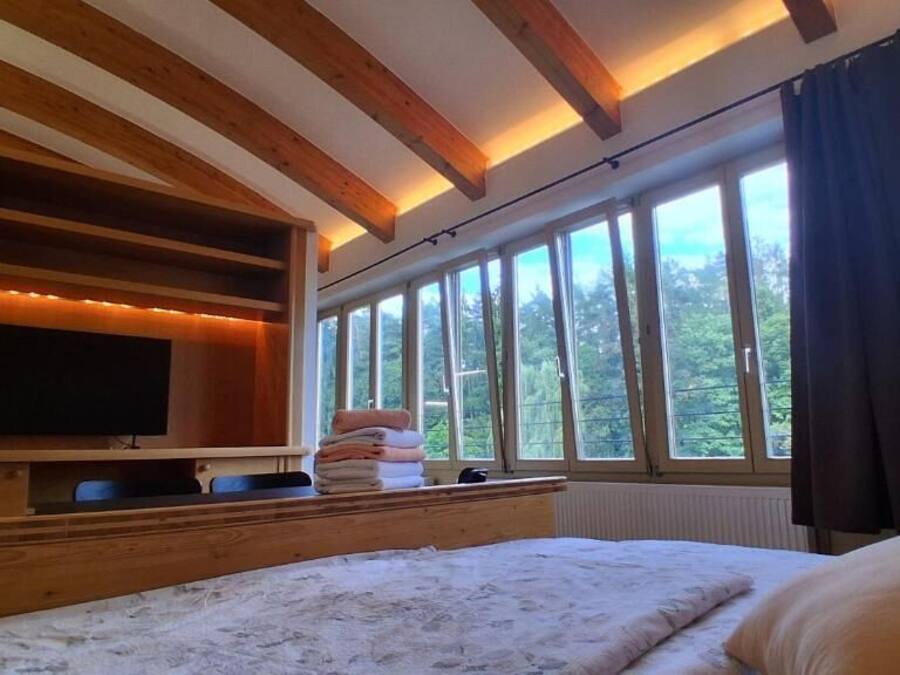Un dormitori amb un llit gran, una televisió sobre una estant de fusta, una finestra amb cortines i vistes als arbres.