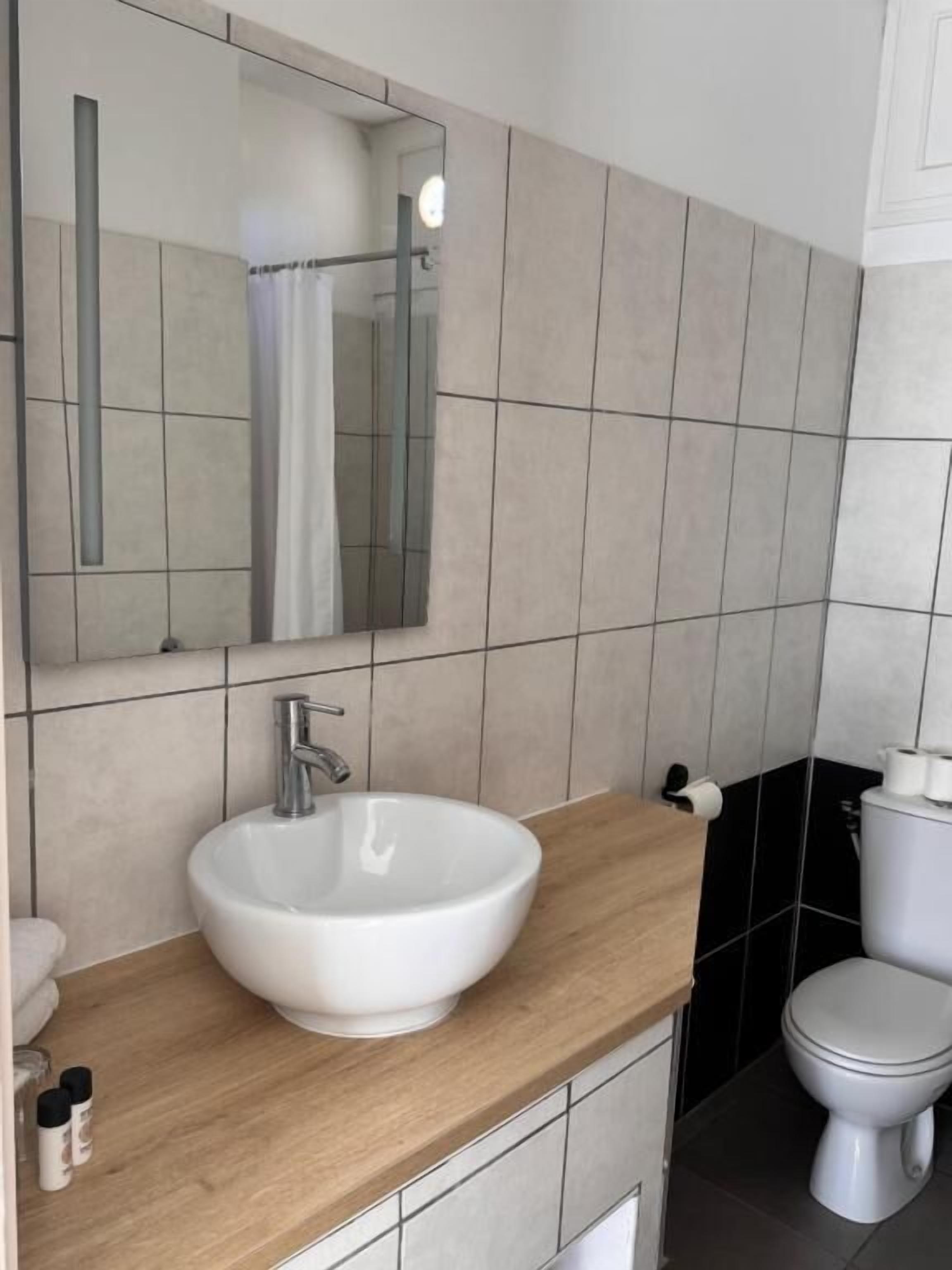 Un bagno con lavandino bianco, uno specchio, un water e una tenda da doccia.