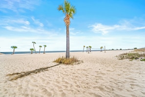 Ein sandiger Strand mit Palmen und blauem Himmel.