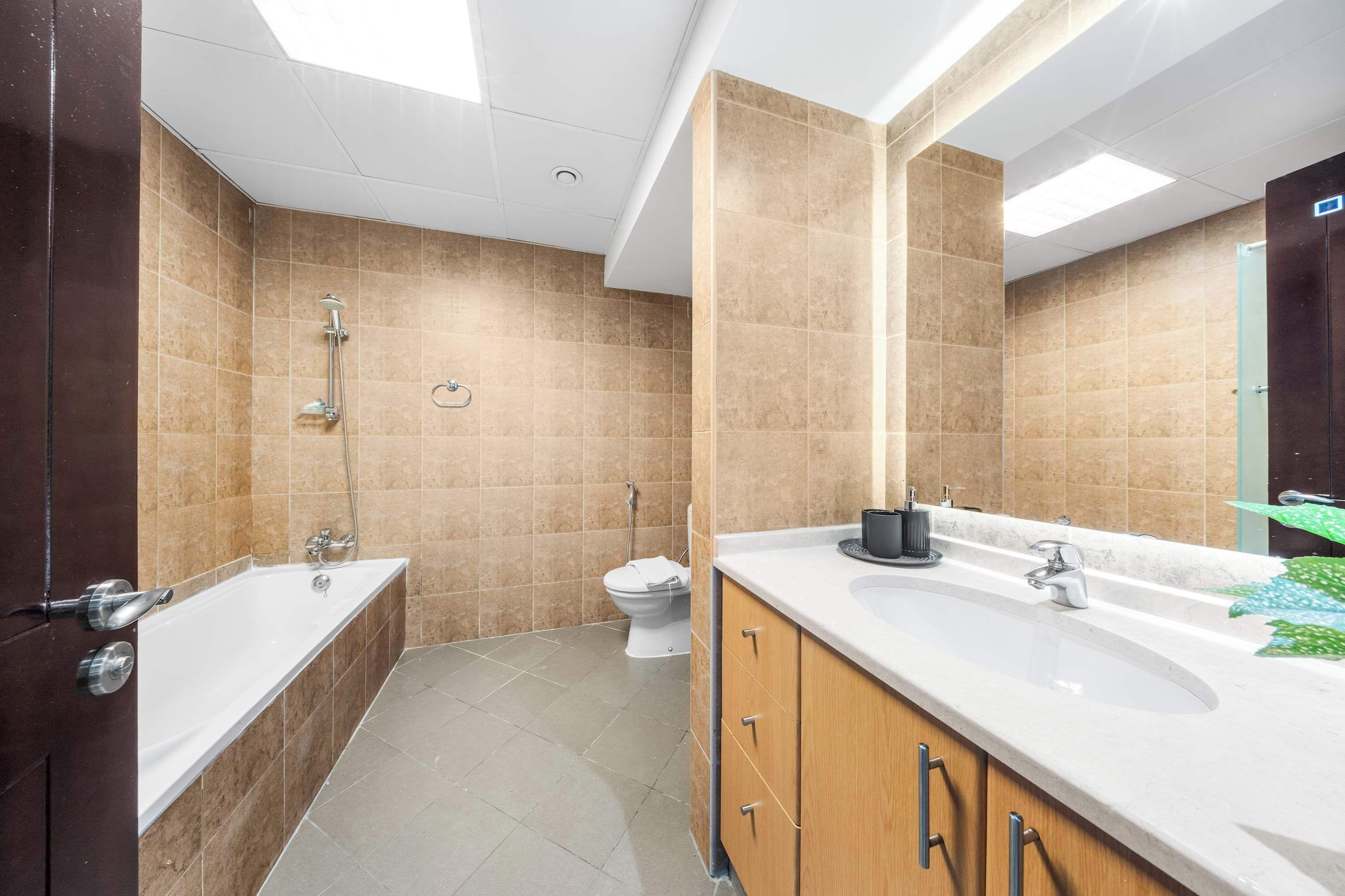 Shower, hair dryer, towels