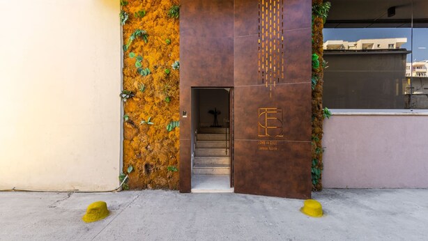 A building entrance with a brown door, a staircase, and a wall with green foliage. - Pistachio Studio 114 Love in Colours Collection (Durrës)