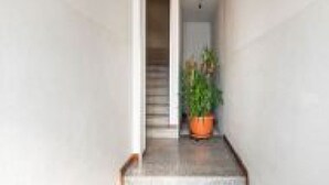 A narrow hallway with a potted plant and a staircase leading to an upper floor. - GuestHost - San Vincenzo Apartment 1 Vigonza (Peraga)