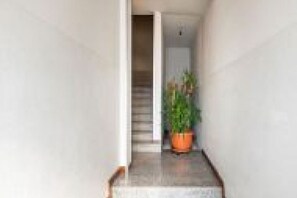 Un couloir étroit, orné d’une plante en pot et d’un escalier menant à l’étage supérieur.