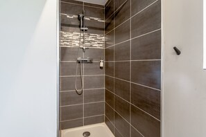 Une douche équipée d’un pommeau de douche à main et d’un robinet fixé au mur.