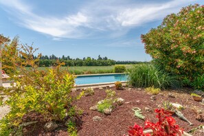 Ein Pool, umgeben von einem Garten mit verschiedenen Pflanzen und einer Pergola.