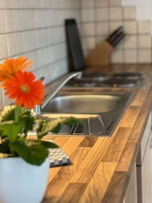 Kühlschrank, Ofen, Herdplatte, Kochgeschirr/Geschirr/Besteck