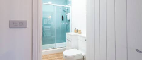 Ein modernes Badezimmer mit einer Duschkabine aus Glas, einer weißen Toilette und einem Holzboden.