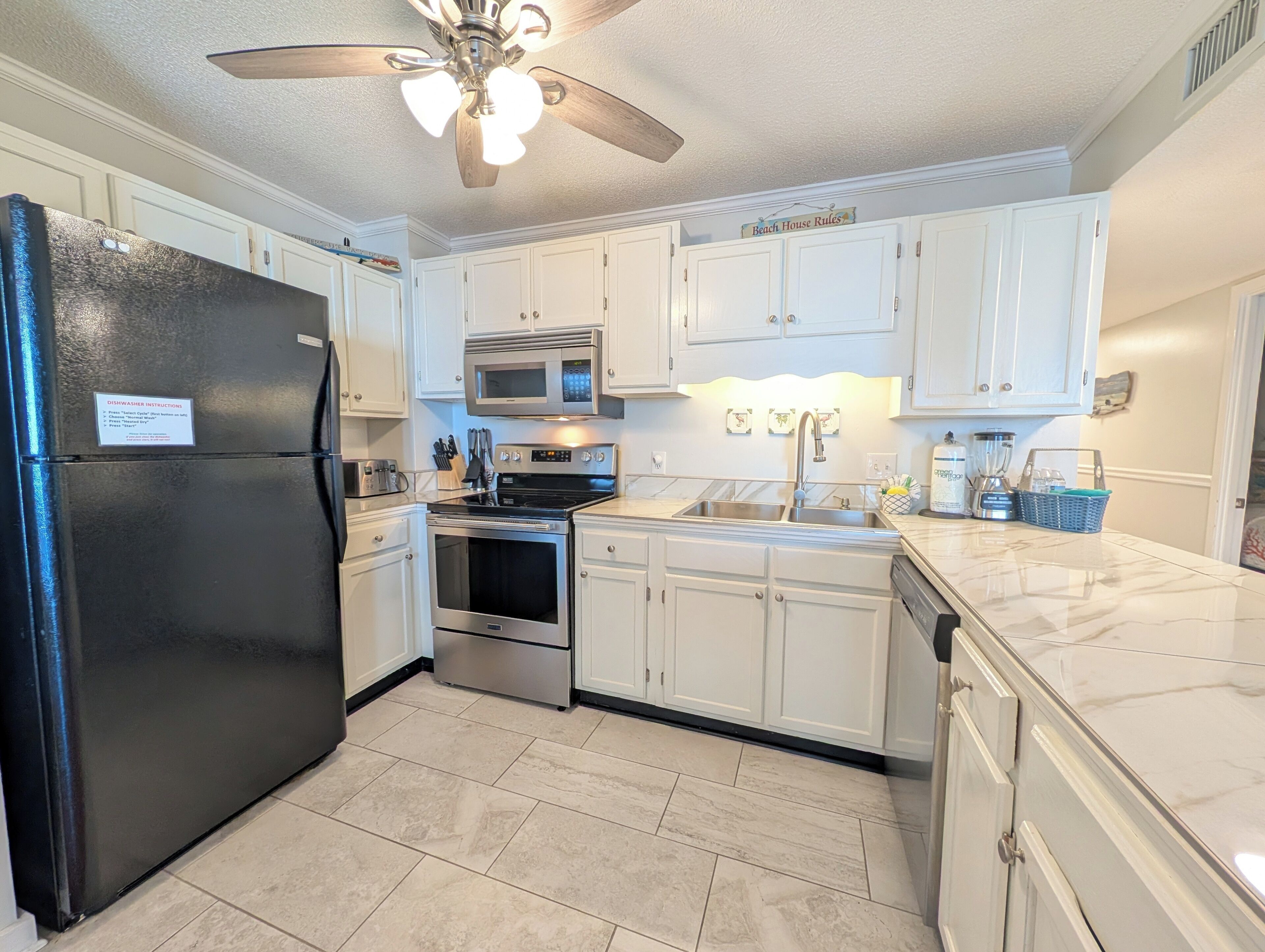 Fridge, microwave, dishwasher, coffee/tea maker