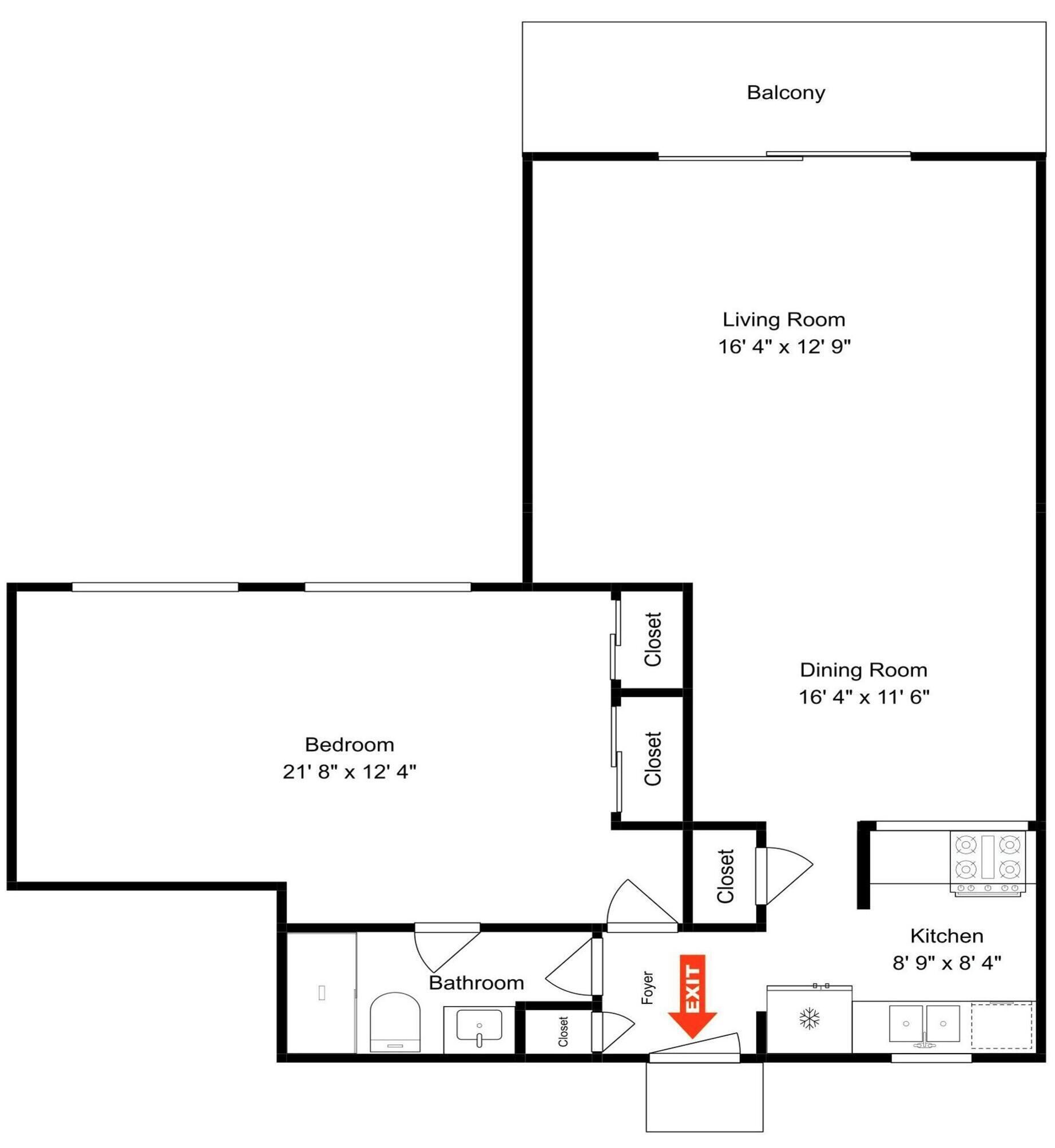 A floor plan with a bedroom, living room, dining room, kitchen, bathroom, and balcony.