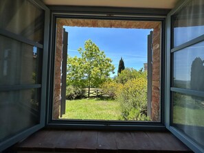 Ein Fenster mit Blick auf eine Wiese, Bäume und ein entferntes Gebäude.
