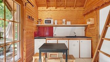 Fridge, microwave, stovetop, coffee/tea maker