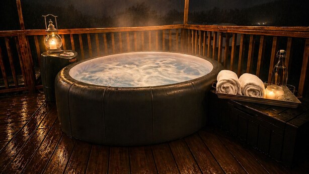 Un jacuzzi en una terraza de madera con luces colgantes, un farol y toallas.