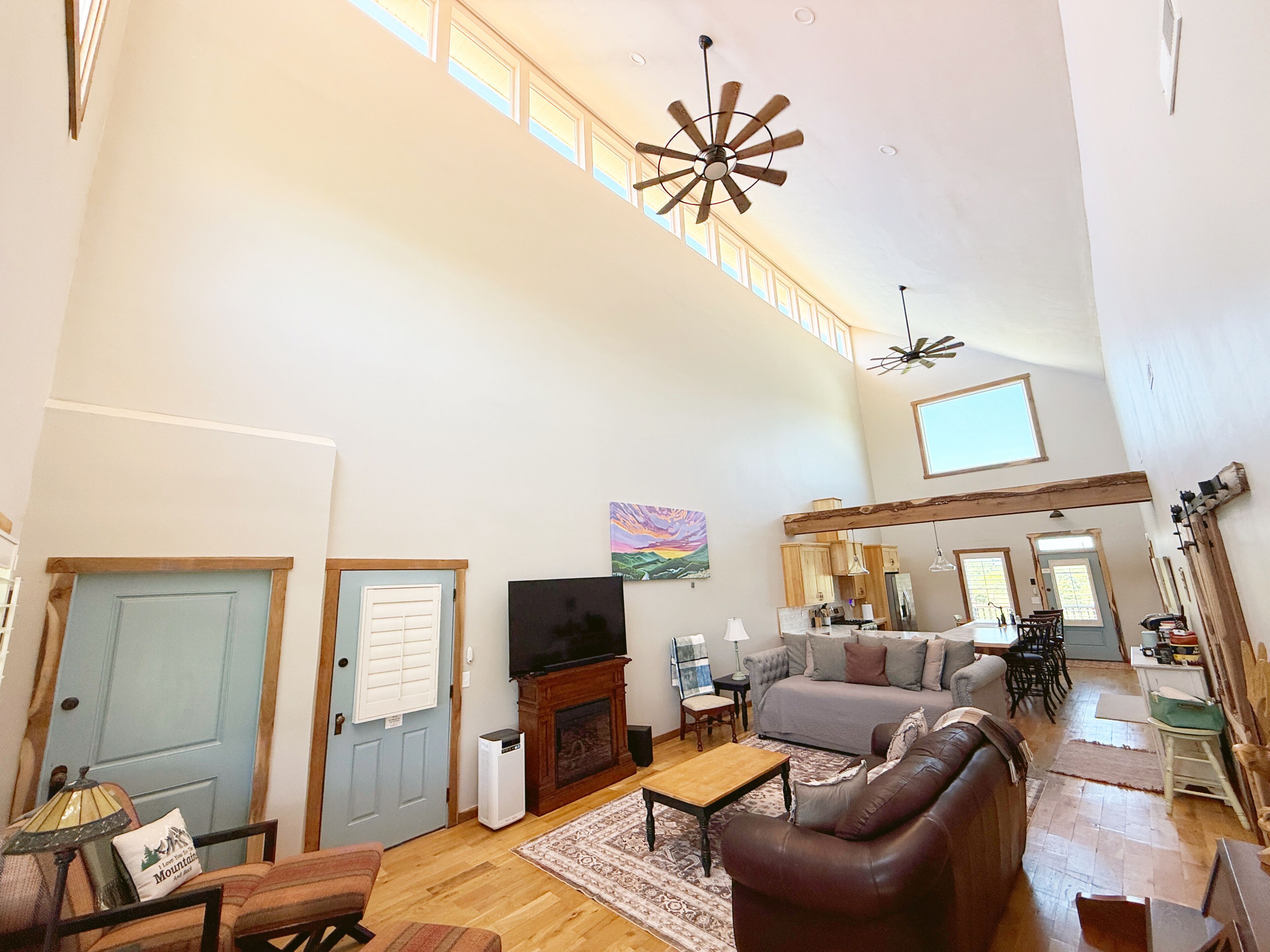 Smart TV, fireplace, books