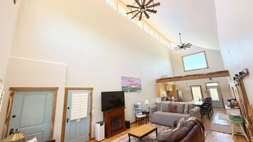 Smart TV, fireplace, books
