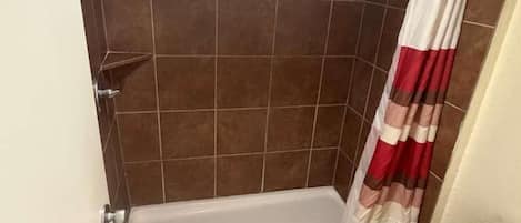 A bathroom with a shower, a bathtub, and a toilet.