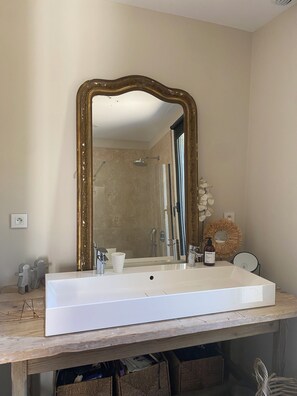 Regadera, secadora de cabello, toallas, papel de baño 