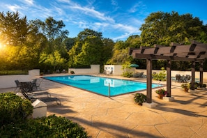 Ein Swimmingpool mit Liegestühlen und einer Pergola, umgeben von viel Grün.