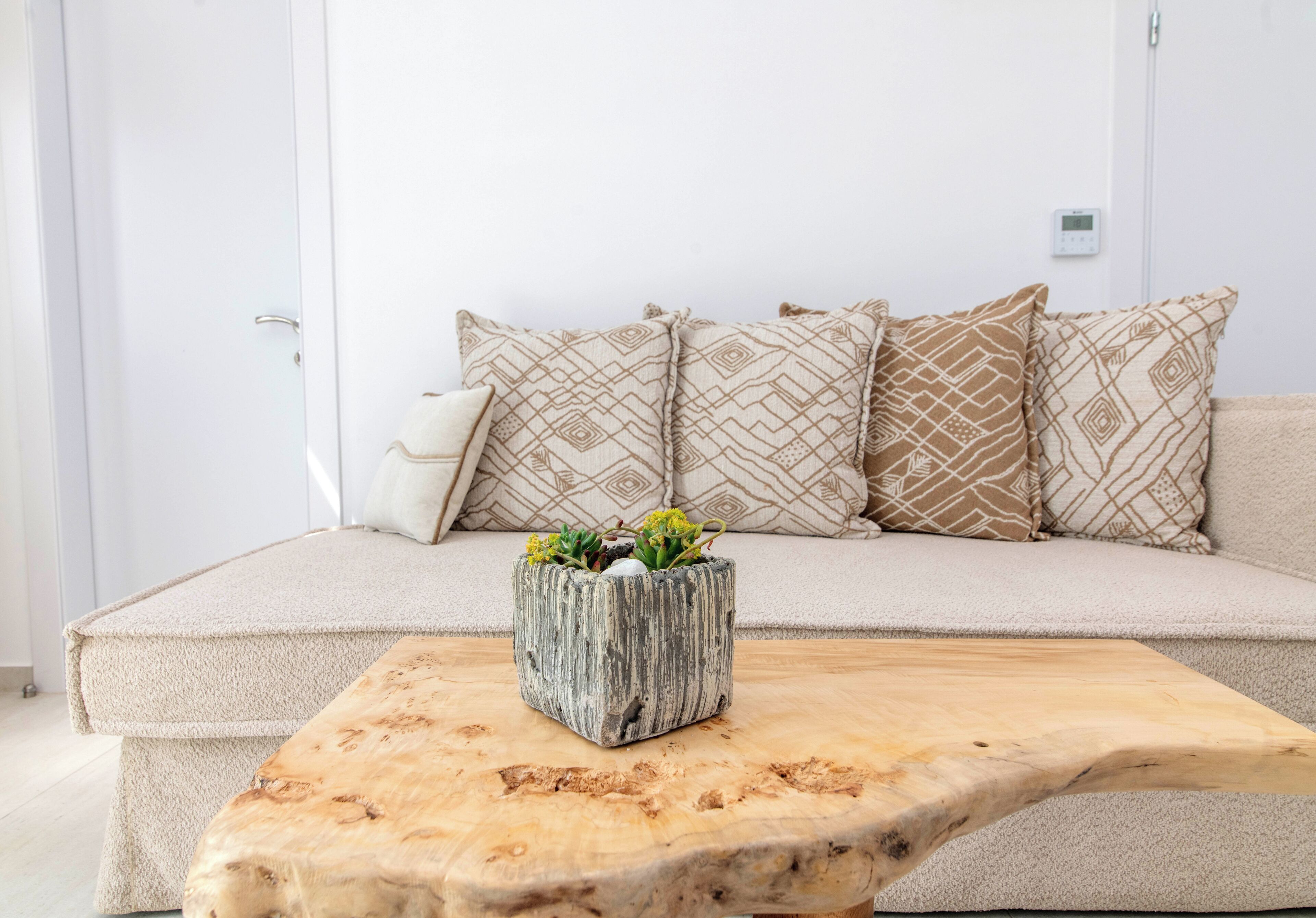 Een woonkamer met een bank, gekleurde kussens, een houten salontafel en een decoratieve plantenpot met planten.