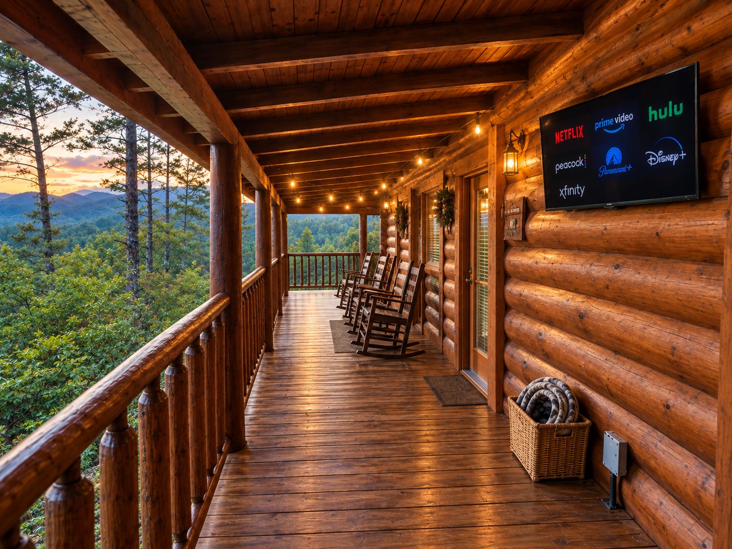 A wooden cabin with a balcony overlooking a forested landscape.