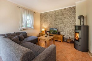 TV, fireplace, DVD player, books - Semi-detached house in Kachlin with sauna, fireplace and garden (Dargen)
