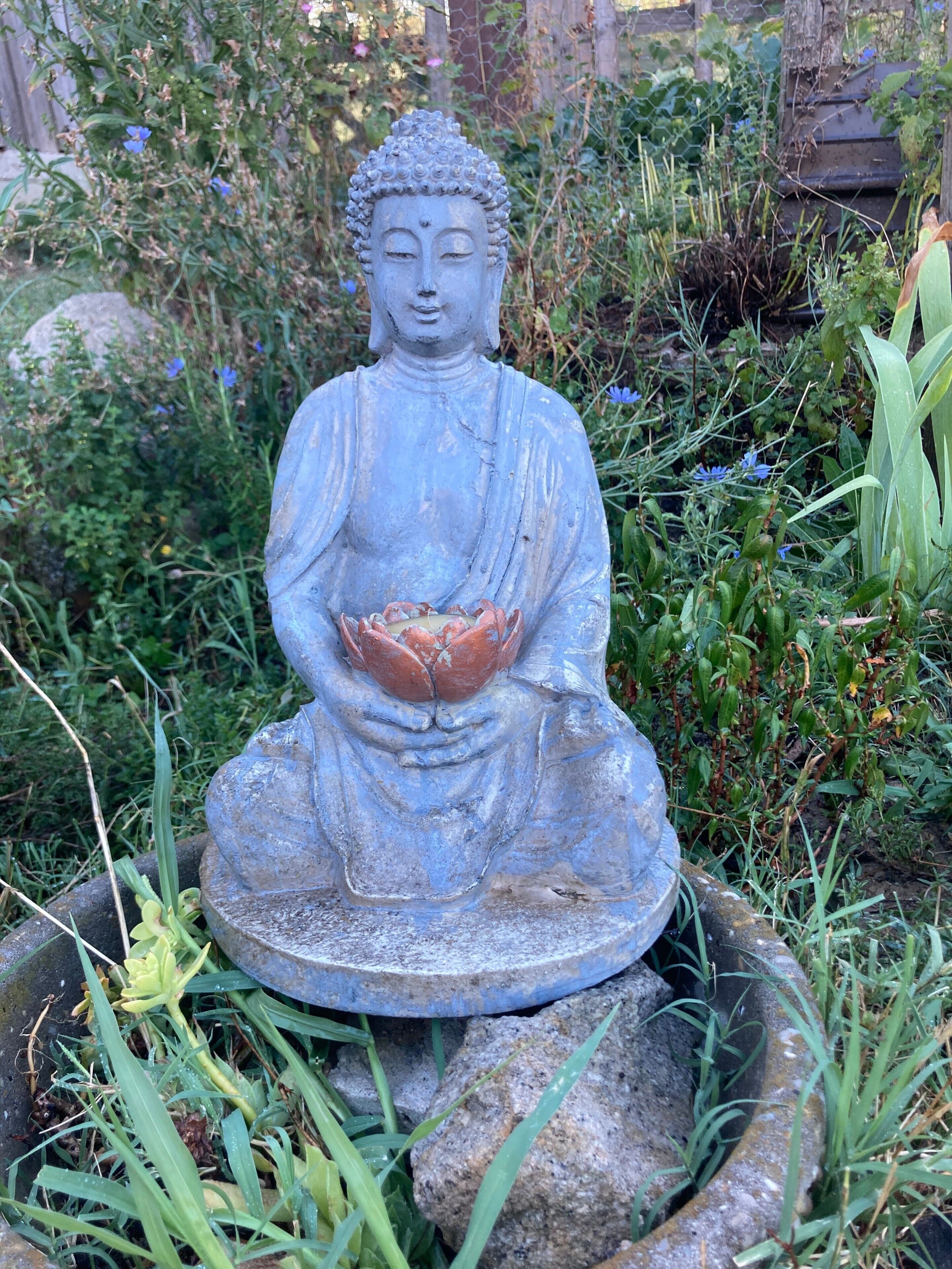 A stone Buddha statue in a garden setting.