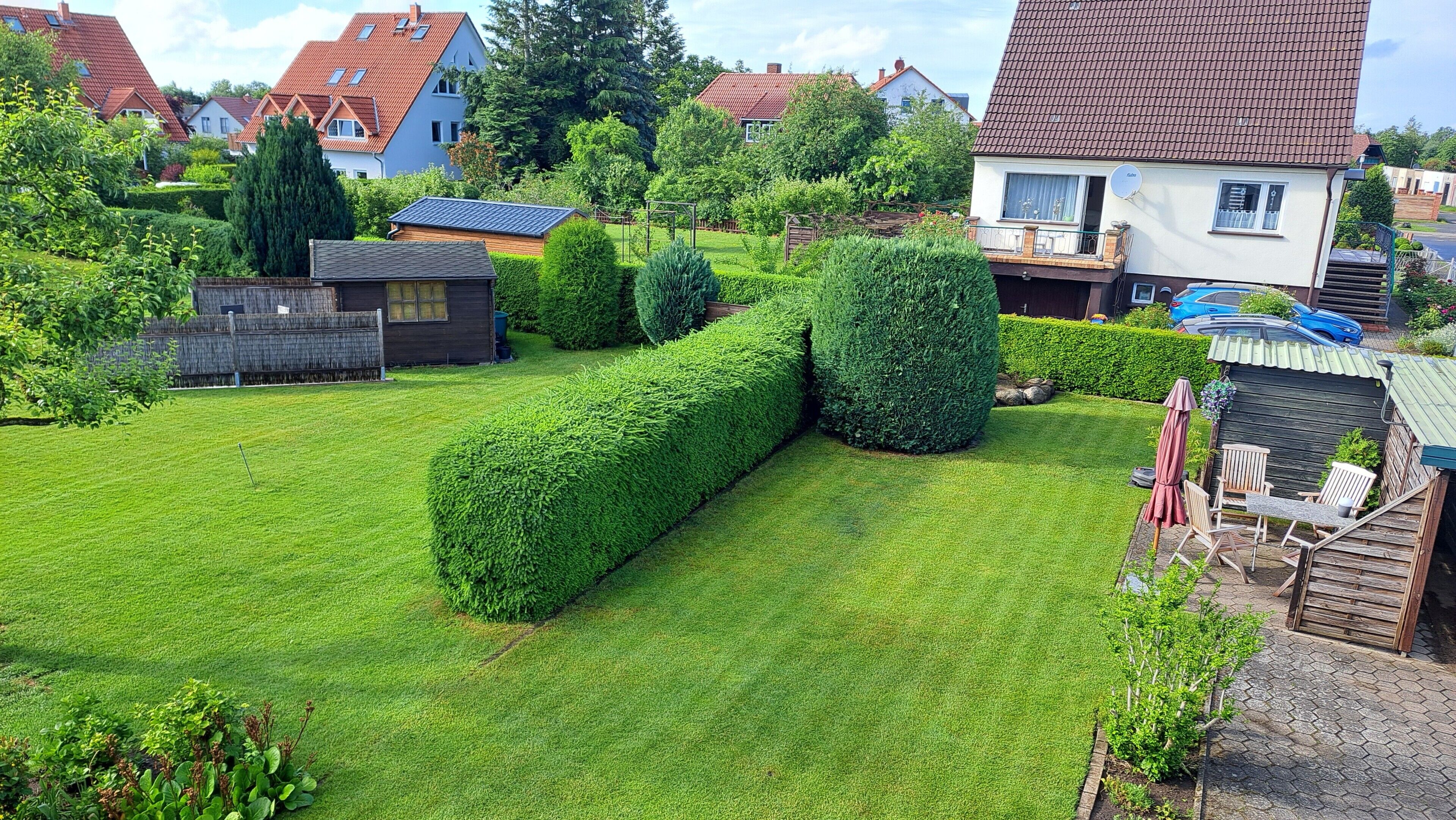 Ein gepflegter Garten mit ordentlich geschnittenen Hecken, einem Holzzaun und einem kleinen Gartenhaus.