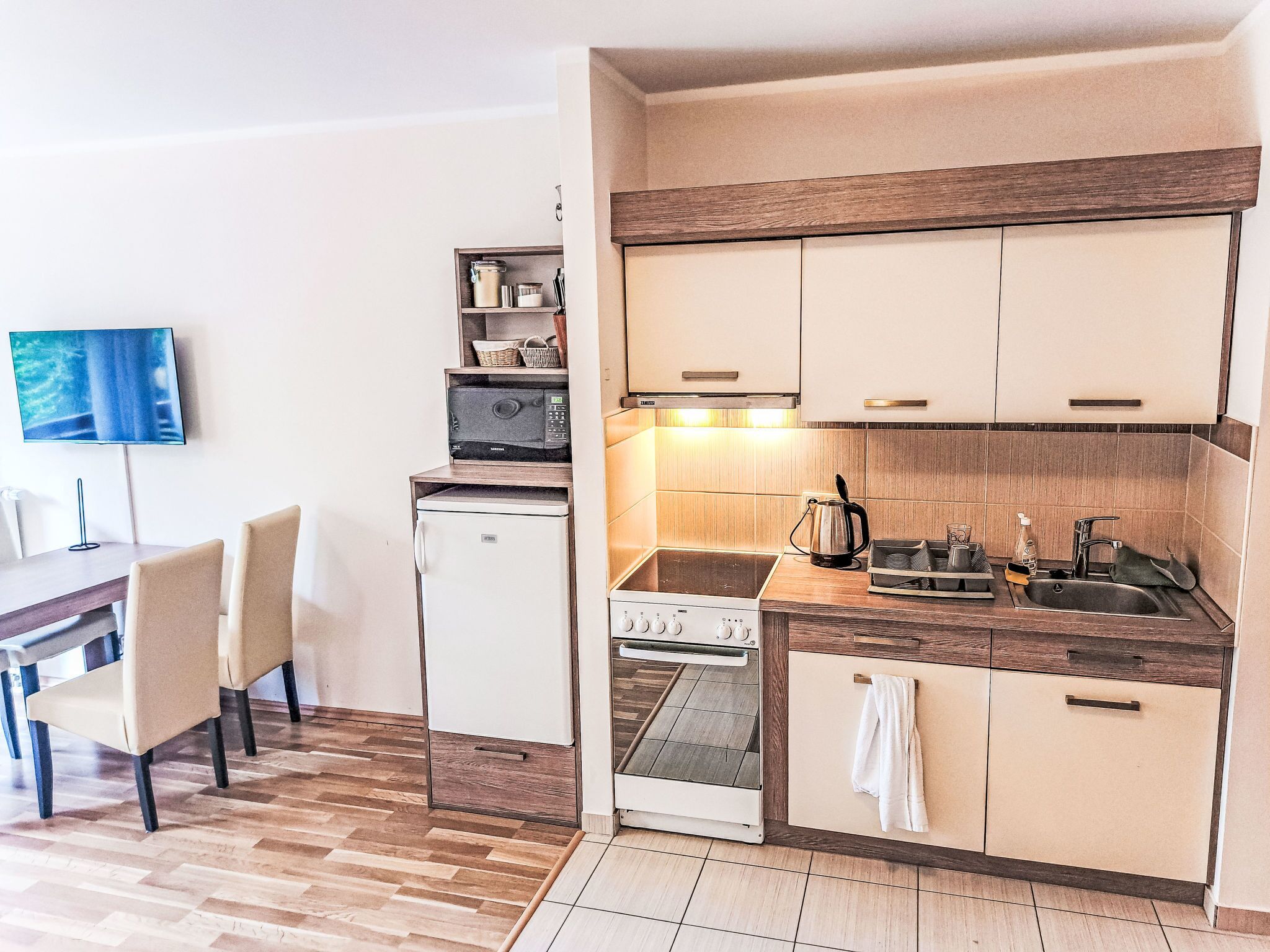 Fridge, microwave, oven, cookware/dishes/utensils
